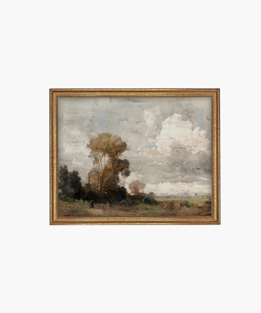 A framed landscape painting features tall trees on the left against a backdrop of expansive, cloudy skies. The scene conveys serenity and subtle drama.