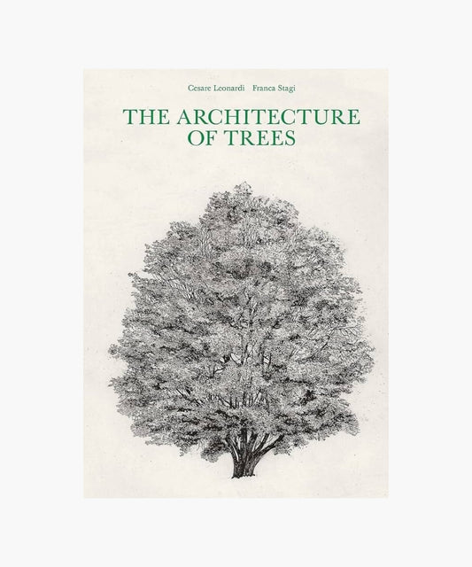 The cover of the book "The Architecture of Trees" by Cesare Leonardi and Franca Stagi features a detailed black and white tree illustration on a white background.