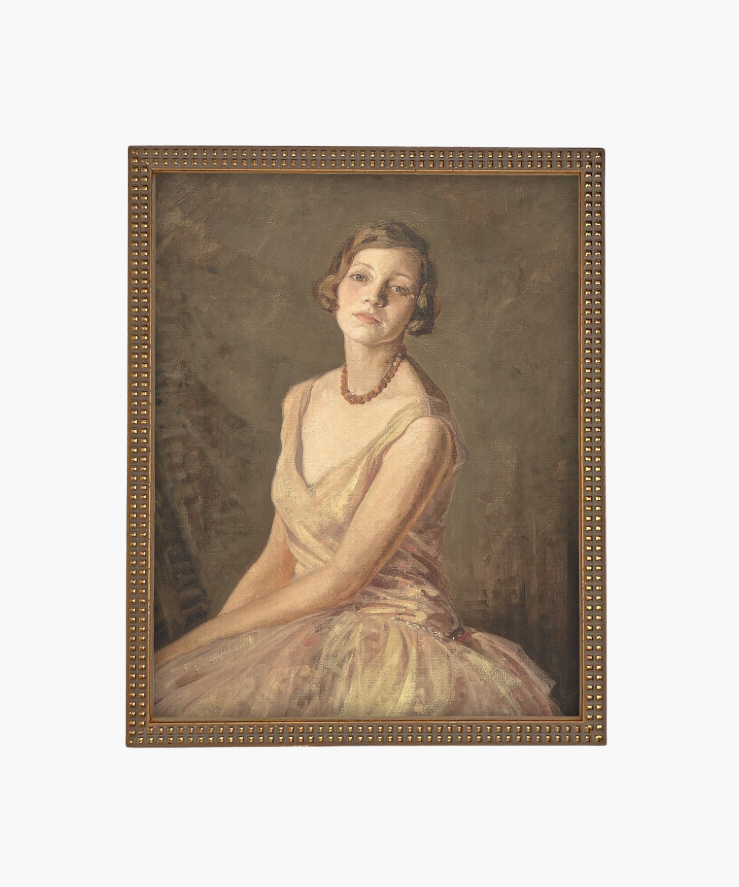 Portrait of a woman in a soft yellow dress and necklace, seated against a soft, muted background. Her expression is serene and contemplative. Framed in gold.