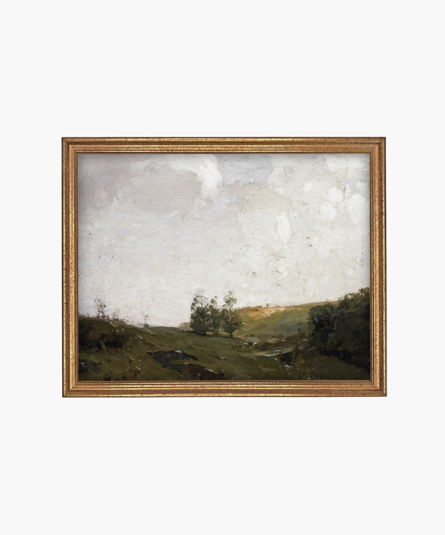 A serene landscape painting with a cloudy sky over green rolling hills. Sparse trees dot the scene, evoking a tranquil, pastoral atmosphere.