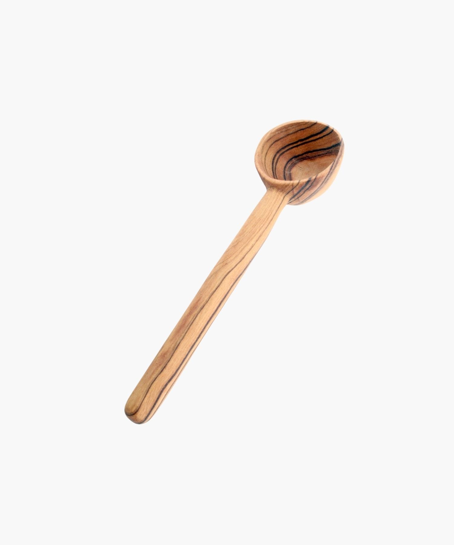 A wooden spoon with distinctive, dark grain patterns on light olive wood, shown on a plain white background. The design gives a rustic, artisanal feel.