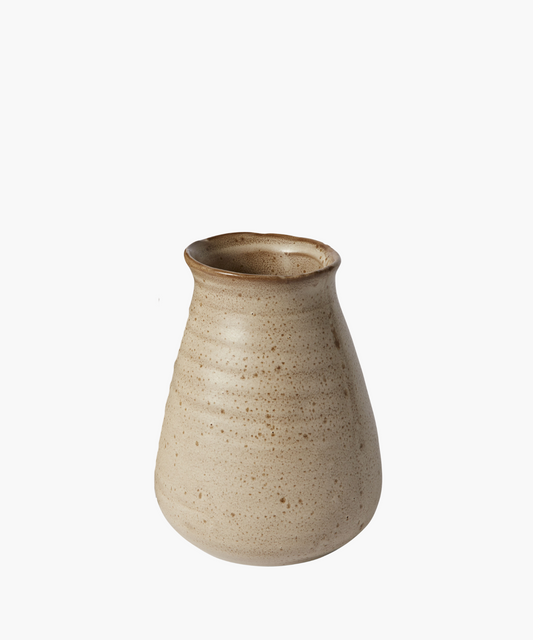 A beige pottery vase with a narrow top and speckled texture. The handcrafted design gives an earthy, rustic feel. Simple and elegant, against a white background.