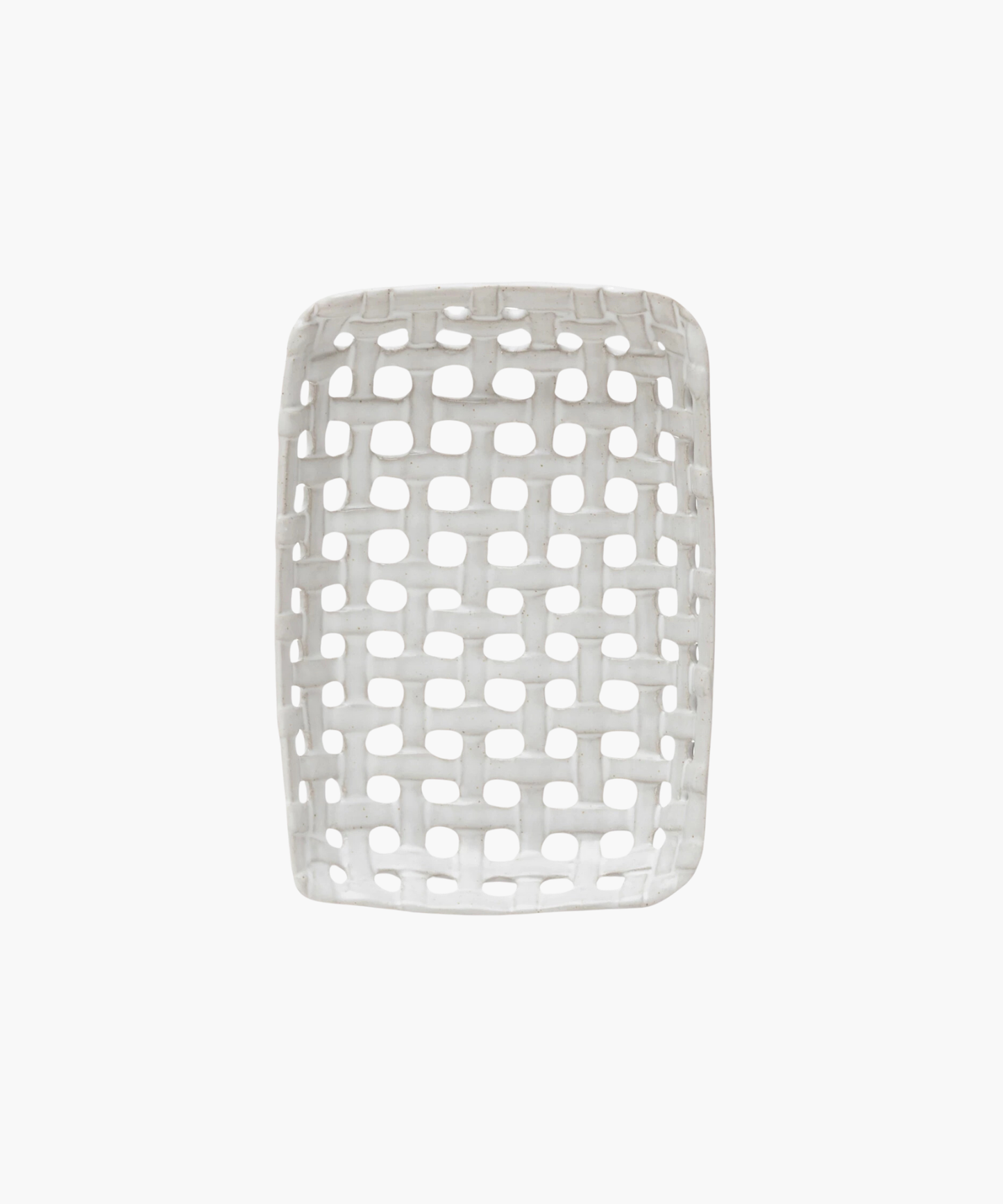 An overhead view of a white, rectangular ceramic basket dish with an open lattice design. The dish has a smooth finish and a contemporary look, evoking a minimalist style.