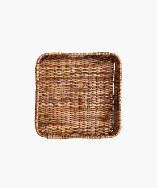 Hand-Woven Square Rattan Trays, Set of 2