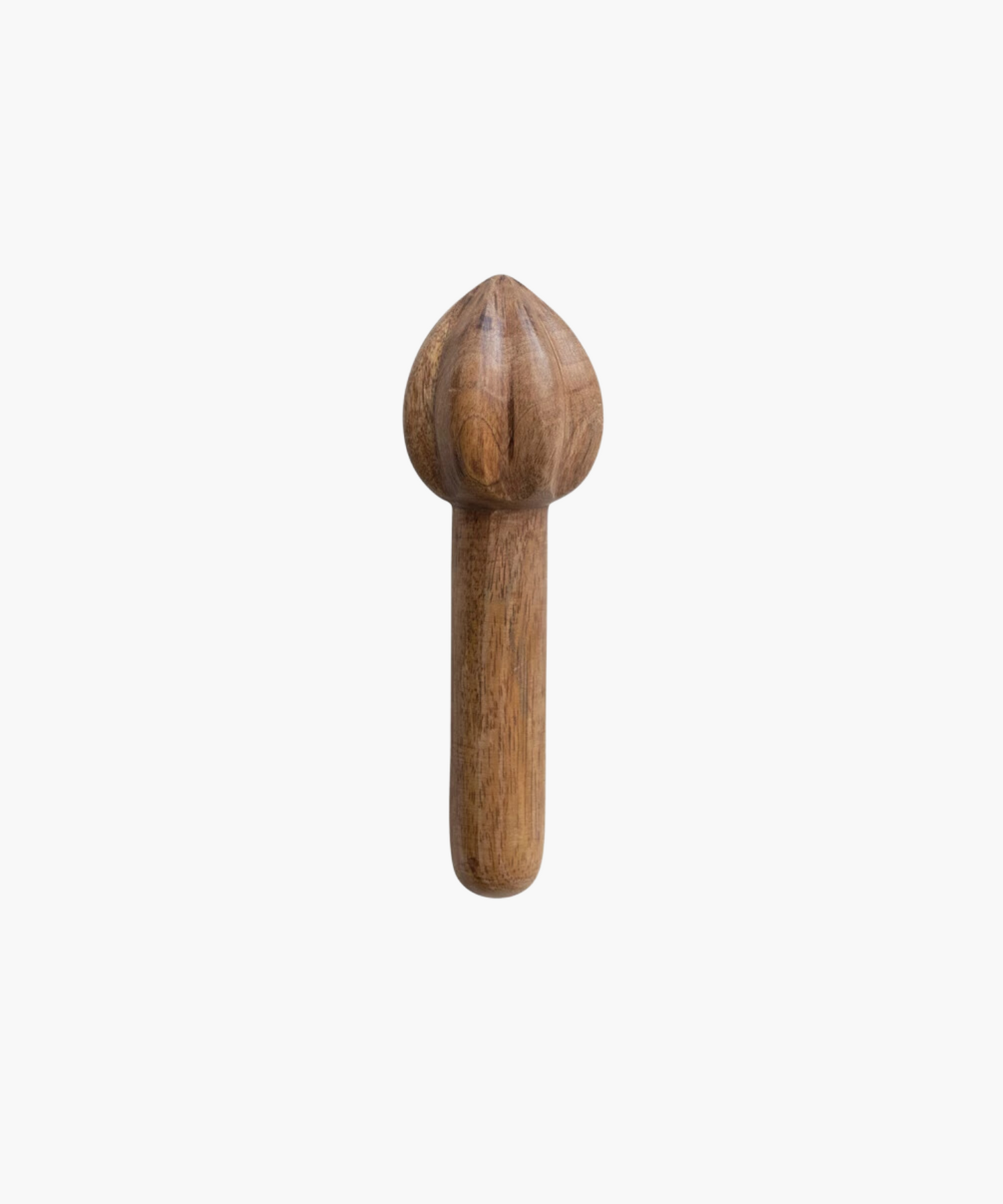 Wooden citrus reamer with a bulbous, textured top and a smooth handle. The natural wood grain is visible, conveying a rustic, handcrafted feel.