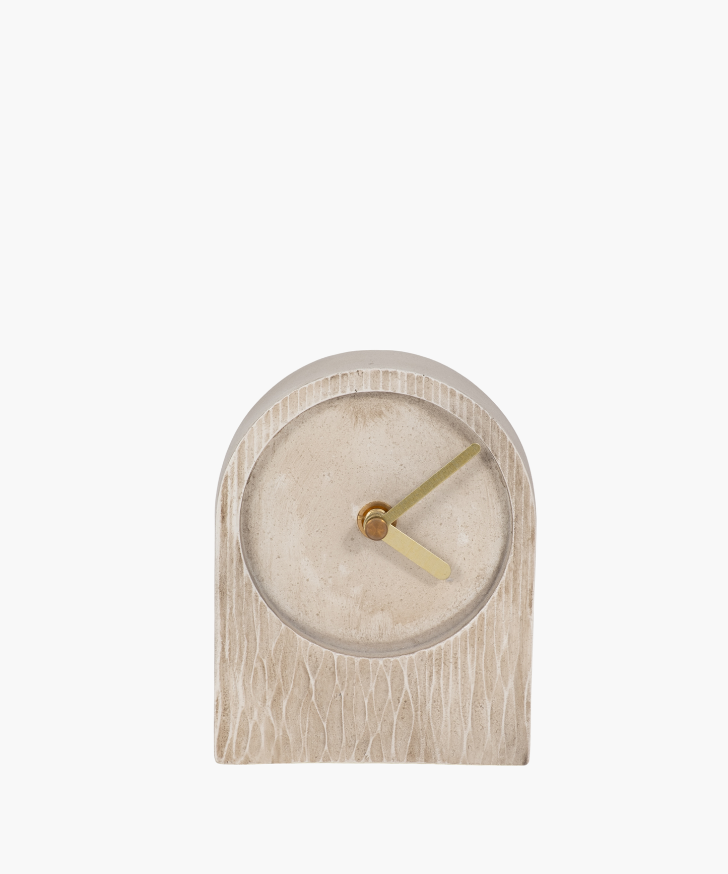 A minimalist beige clock with a textured arch shape, featuring sleek gold hour and minute hands. The design conveys simplicity and elegance.