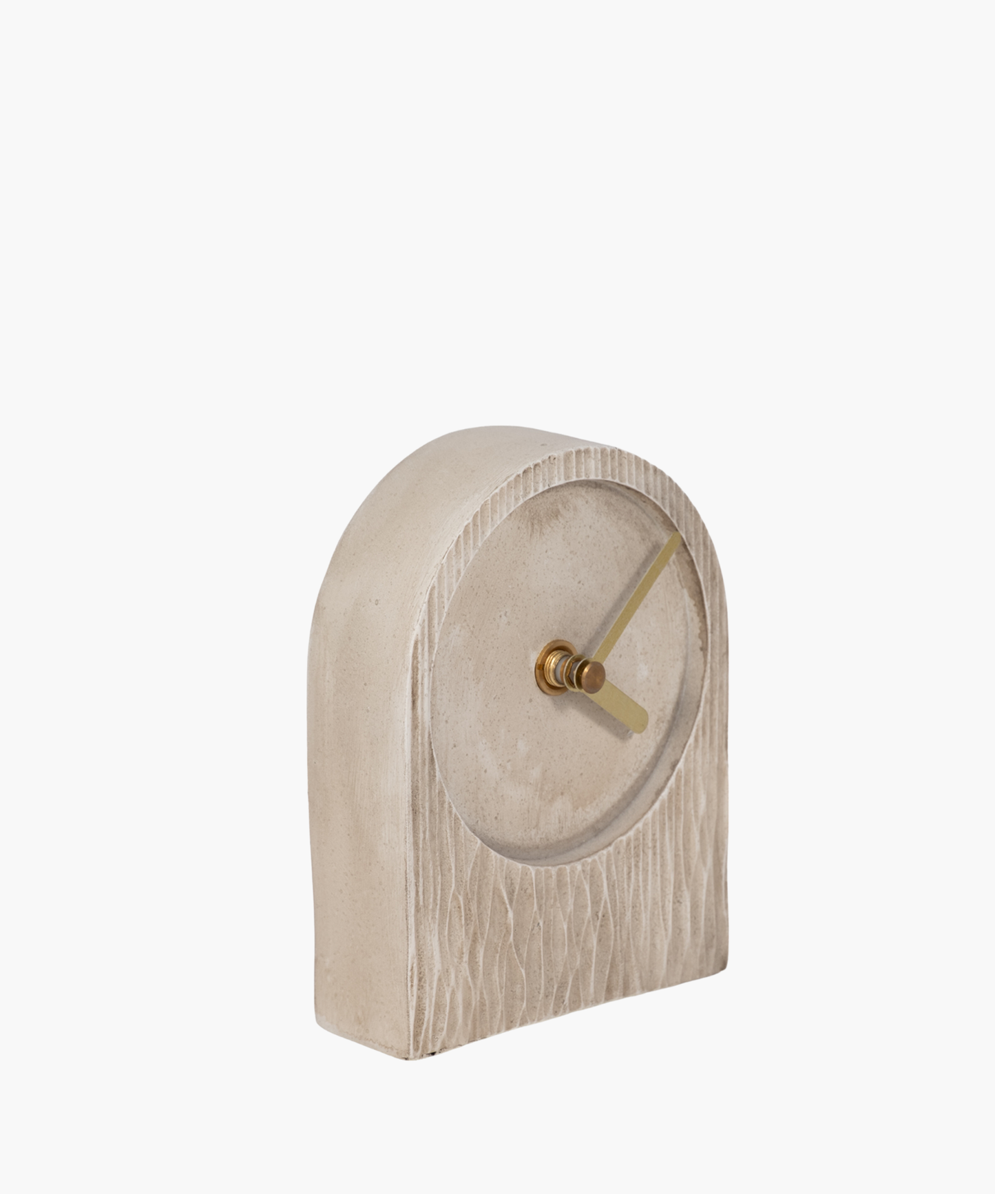 A minimalist beige clock with a textured arch shape, featuring sleek gold hour and minute hands. The design conveys simplicity and elegance.